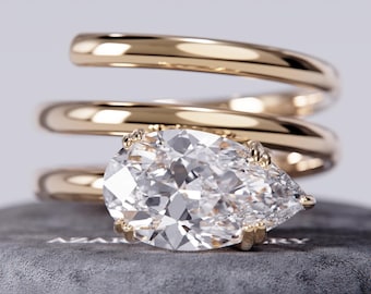 Anillo de compromiso con diamante cultivado en laboratorio de 2 quilates en talla pera, espiral de tres bandas, anillo envolvente CVD, exclusivo anillo de tres bandas en oro de 18 k y 14 k, con certificación IGI