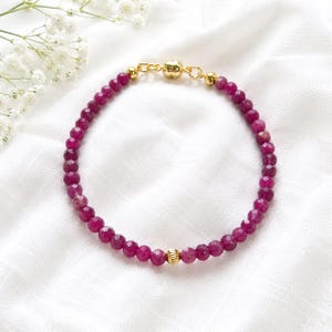 Natural Ruby Bracelet, Dainty Mozambique Ruby Beaded Bracelet, 14k Gold Filled Accents, July Birthstone, Love Stone, Magnetic Clasp, 16cm