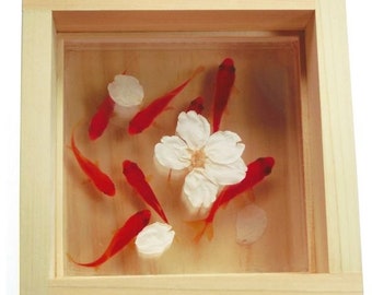 Japanese interior ornament, goldfish in wood box,  handmade