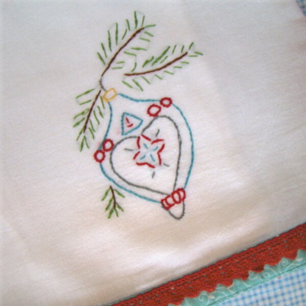 Trim The Tree -  Hand Embroidered Vintage Style Flour Sack Tea Towel by Cornflower Creations