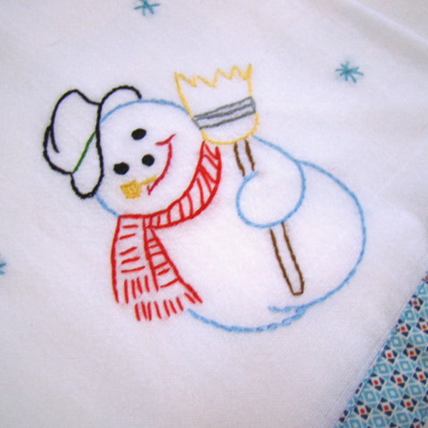 Jolly Frosty Snowman -  Hand Embroidered Vintage Style Flour Sack Tea Towel by Cornflower Creations
