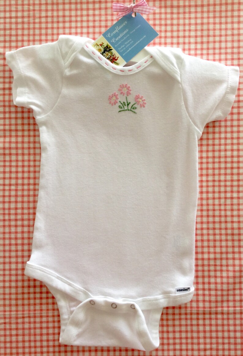 Pink Daisy Trio Vintage Style Hand Embroidered Bodysuit Etsy