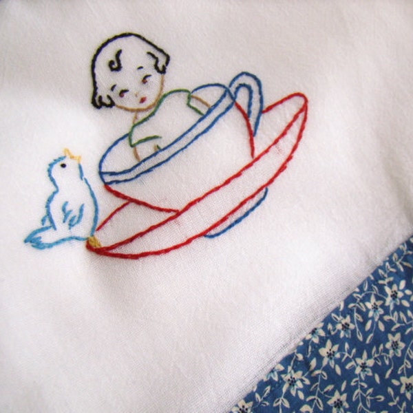 Tea Cup Little Girl - Hand Embroidered Floursack Tea Towel