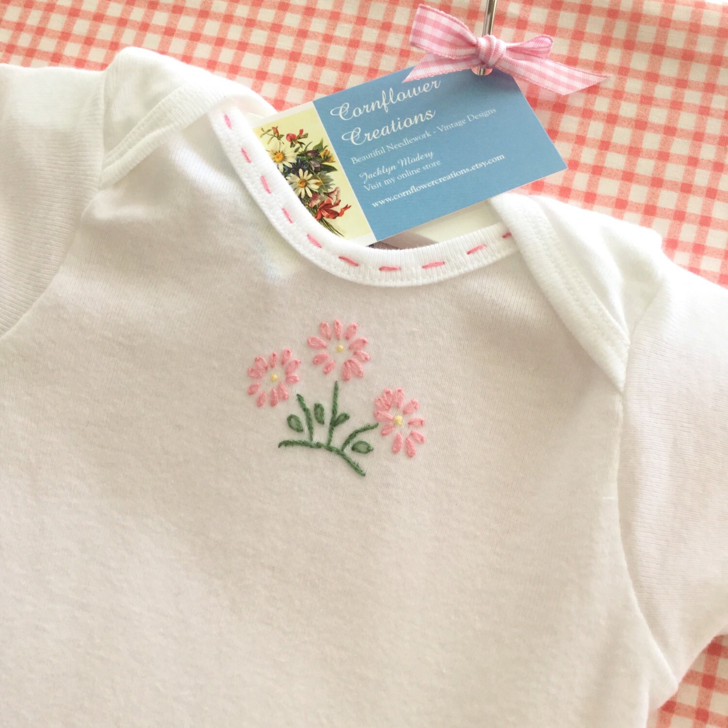 Pink Daisy Trio Vintage Style Hand Embroidered Bodysuit Etsy