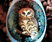 Made To Order: Saw-whet Owls Pysanka Batik Blue Turkey Easter Egg Art EBSQ Plus
