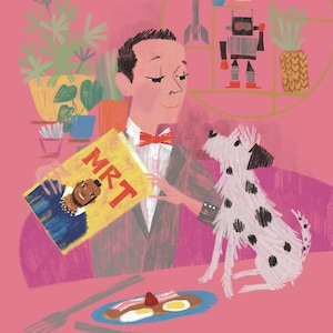 May include: A man in a suit and bow tie is reading a magazine called "MRT" while sitting at a table with a plate of eggs and bacon. A dog with black spots is sitting next to him. There is a robot and a pineapple in the background.