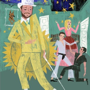 May include: An illustration depicts a man in a yellow suit and top hat, holding a cane, with a sunburst behind him. Other figures are in the background, and stars are scattered across a dark blue ceiling. A framed dog portrait hangs on the wall.
