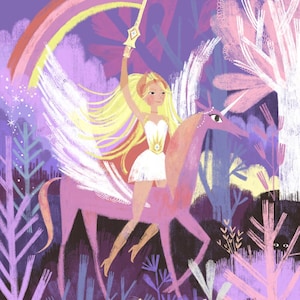 May include: A cartoon illustration of a woman with long blonde hair riding a pink unicorn with wings. The woman is holding a sword and is wearing a white dress with a gold star on the chest. The background is a purple forest with a rainbow in the sky.