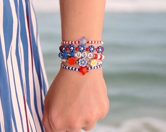Custom Beaded | Fourth of July | USA | Stars and Stripes | Patriotic | America Summer | Vacation | Bracelet Stack | Red White Blue | Jewelry