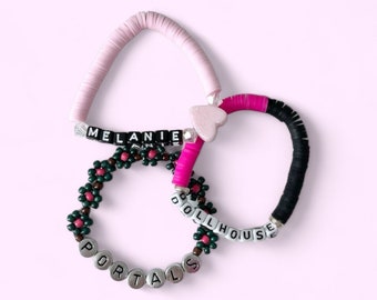 Custom Beaded | Music | Pink | Black | Stackable | Fashion | Teen | Popular | Coquette | Trendy | Flower | Bracelet Set