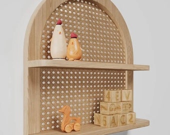 Mensola da parete galleggiante in rattan a 2 livelli per decorazioni domestiche, stoccaggio, organizzazione con stile, effetto bambù, montaggio a parete, display