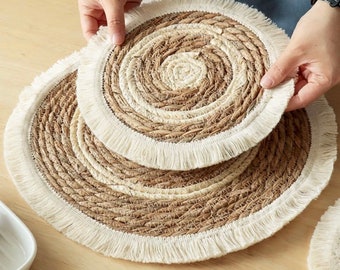 Macrame 2pc Round Cotton Braid Coaster Mat Boho Style Cup Cushion & Table Placemat Heat Insulated Non Slip Material