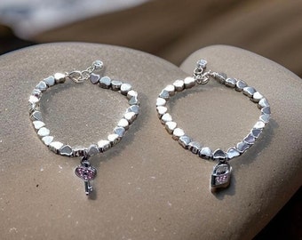 Silver plated/Friendship bracelet/Beaded charm bracelet/lock and key bracelet