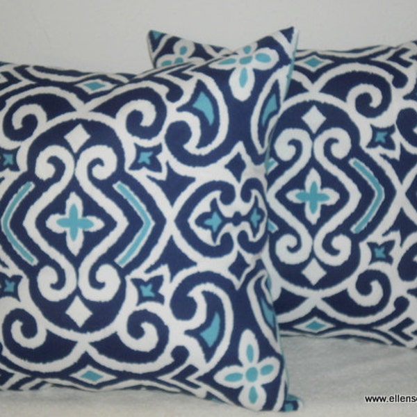 Decorative-Accent-Throw  Set of Two Pillow Covers-Free US Shipping-18 Inch Navy, White and Turquoise Ikat Modern Indoor Outdoor