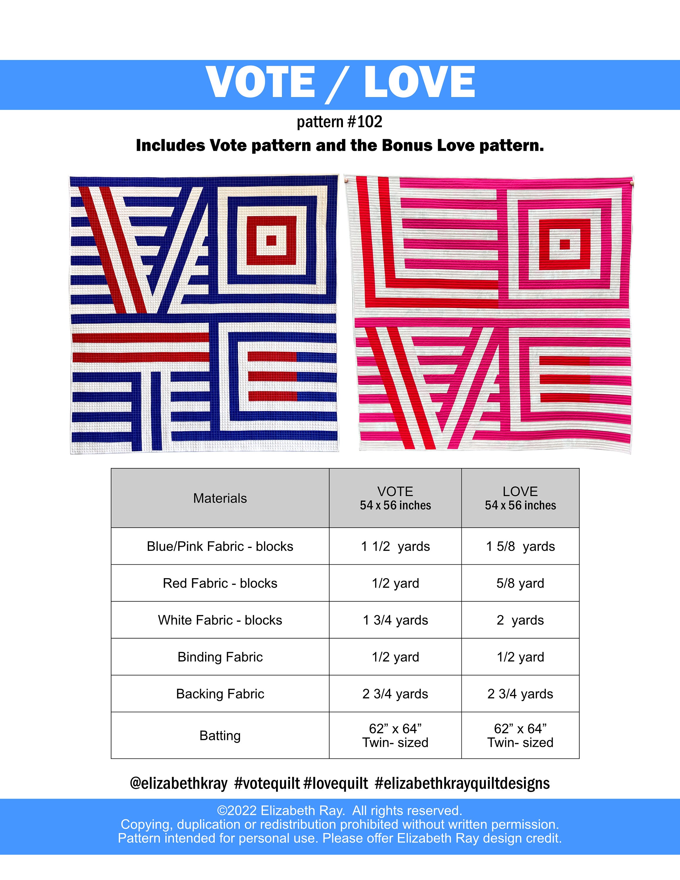 Vote Quilt Pattern Vote / Love PDF Digital Quilt Pattern (2 Quilts, 1 Pattern) - Etsy