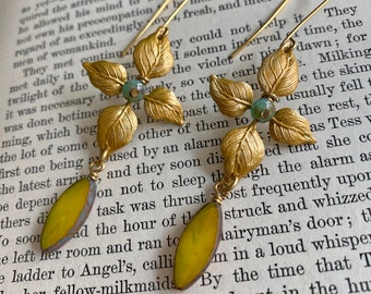 Golden Leaf Earrings Brass and Czech Glass Free Shipping