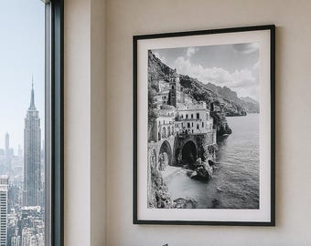 Amalfi Coast Black and White Photo: Seaside Italy Wall Art (Digital Download)
