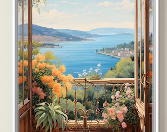 Amalfi Coast Balcony Seascape Print: Mediterranean View (Digital Download)