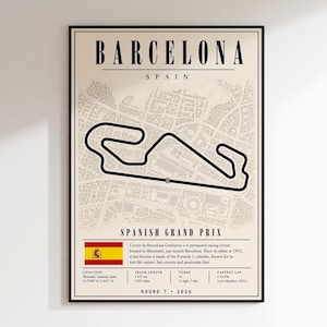 以下が含まれることがあります： バルセロナ・カタルーニャ・サーキットの地図がベージュの背景に黒い線で描かれた額入りポスター。BARCELONA、SPAIN、SPANISH GRAND PRIXの文字と、全長4.657kmなどの技術データが記載されています。