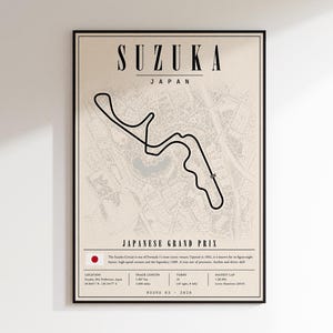 Puede incluir: Un póster enmarcado con un dibujo de líneas negras del Circuito de Suzuka en Japón sobre un fondo beige. El texto dice SUZUKA JAPAN JAPANESE GRAND PRIX, junto con estadísticas de la pista, una pequeña bandera japonesa y ROUND 03 - 2020.