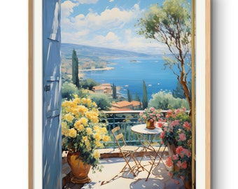 Mediterranean Terrace View Print: Bistro Table, Flowers (Digital Download)