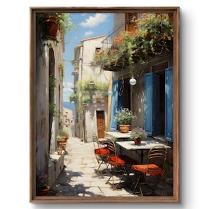 Printable European Oil Painting Cafe Out Door Dining Wall Mediterranean inspired Decor Downloadable Print Flowered scenery Instant Decor