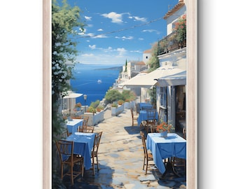 Mediterranean Seaside Cafe Painting: Coastal Riviera Wall Art (Printable Download)