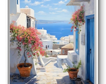 Mediterranean Blue Door Print: Coastal Village Wall Art (Digital Download)