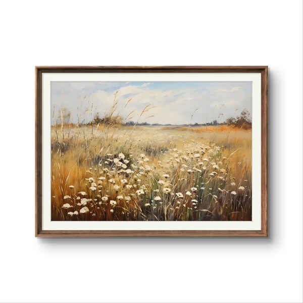 Tranquil Meadow Digital Wall Art With Wild Flowers & Tall Grass Country Field landscape Oil Painting Spring Wall Art Farmhouse Wall Art