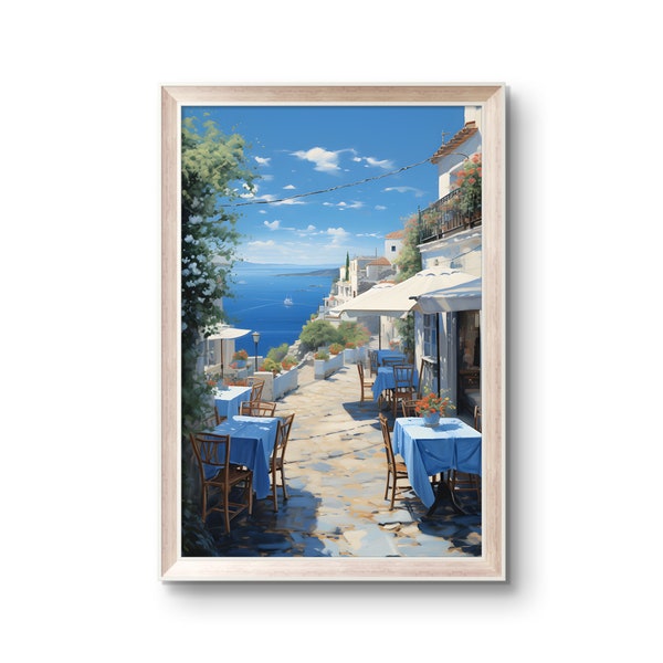 Mediterranean Coastal Seaside Painting, Riviera, French, Italian, Cafe, Outdoor Dinning, Classic Wall Art, Digital, PRINTABLE Downloadable