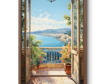 Stampa con vista sulla terrazza della Costiera Amalfitana: Arte murale mediterranea (download digitale)