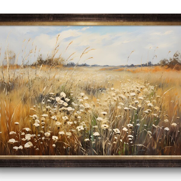 Tranquil Meadow Digital Wall Art With Wild Flowers & Tall Grass Country Field landscape Oil Painting Spring Wall Art Farmhouse Wall Art