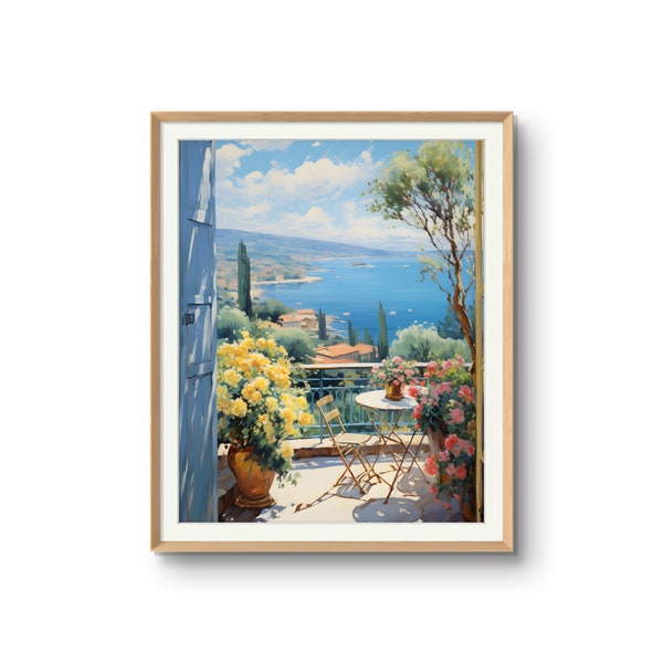 Mediterranean Terrace View Bistro Table Flowers Digital Print Instantly Bring Beauty of a Sunny Day By The Sea Into Your Space Downloadable