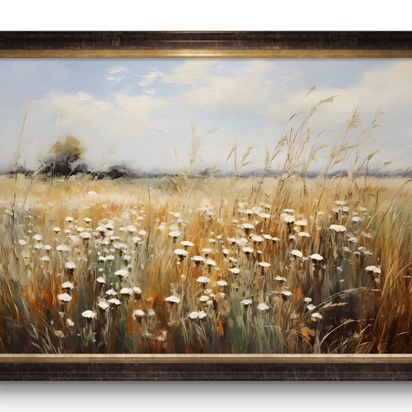 Tranquil Meadow Digital Wall Art With Wild Flowers & Tall Grass Country Field landscape Oil Painting Spring Wall Art Farmhouse Wall Art