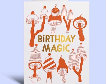Mushroom Birthday Card – Gold Foil Illustration, Autumnal Magic