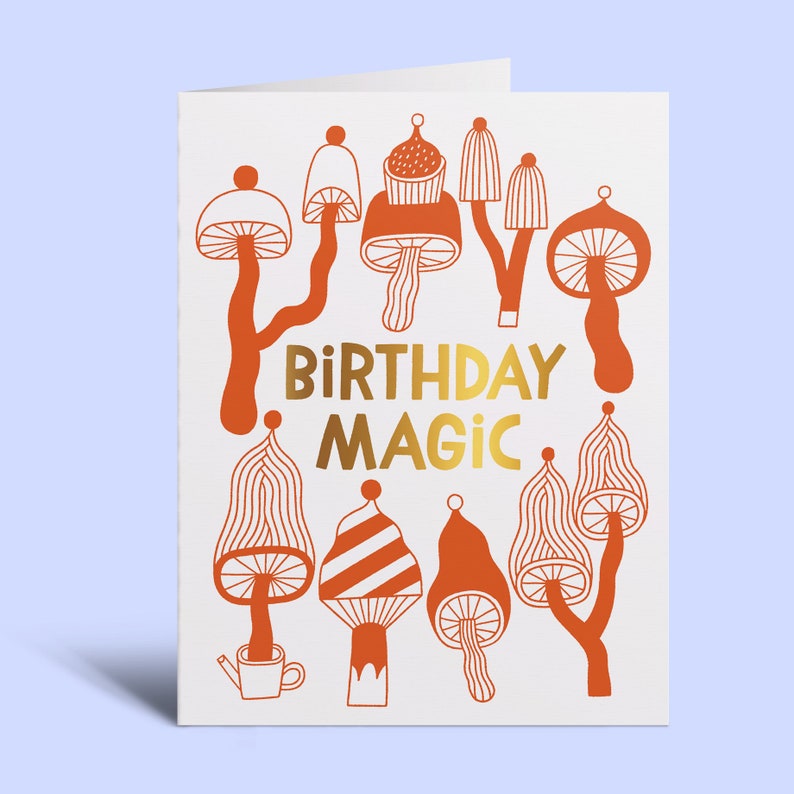 Birthday Magic Greeting Card Mushrooms, Autumnal, Fall Vibes, Forest, Nature, Funghi, Gold Foil, Illustration, Hand-Lettering, Cozy image 1