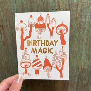 Birthday Magic Greeting Card Mushrooms, Autumnal, Fall Vibes, Forest, Nature, Funghi, Gold Foil, Illustration, Hand-Lettering, Cozy image 4