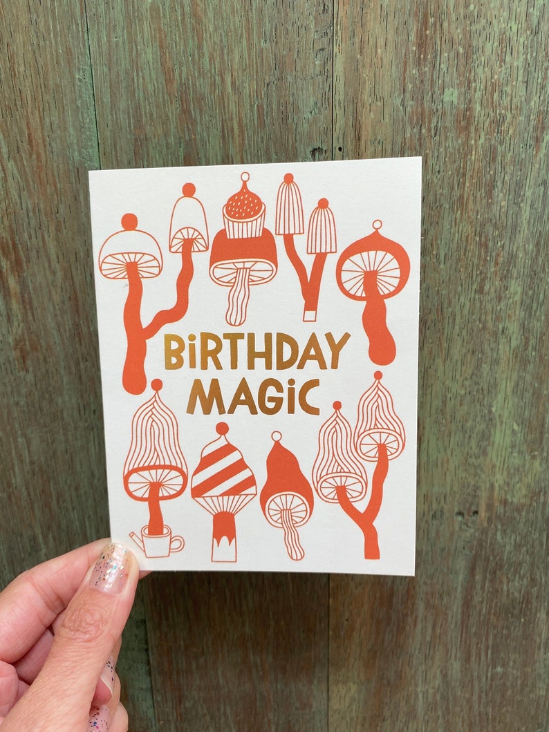 Birthday Magic Greeting Card Mushrooms, Autumnal, Fall Vibes, Forest, Nature, Funghi, Gold Foil, Illustration, Hand-Lettering, Cozy image 4