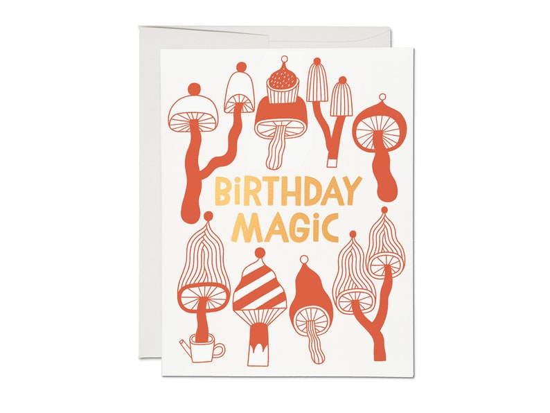 Birthday Magic Greeting Card Mushrooms, Autumnal, Fall Vibes, Forest, Nature, Funghi, Gold Foil, Illustration, Hand-Lettering, Cozy image 2