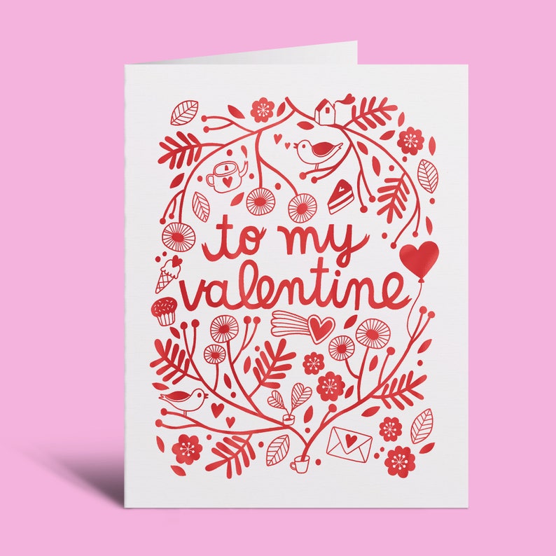 Treats For Valentine Greeting Card Valentine's Day, Love, Valentine, Foil Print, Hand Lettering, Treats, Bird, Romance image 1