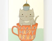 Teacup Cat Birthday - Greeting Card