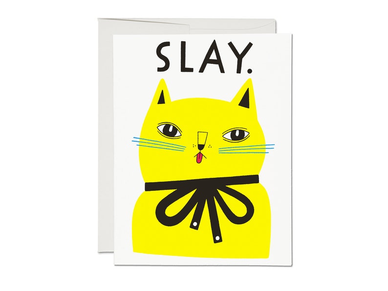 Slay Greeting Card Cat, Feline, Neon, Cat Illustration, Neon Cat, Yellow, Slay, Encouragement, Birthday, Friendship, Kitty, Cheeky, Cool image 4