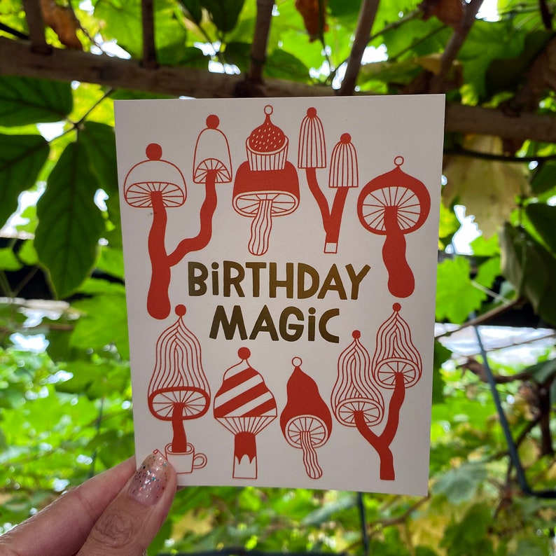 Birthday Magic Greeting Card Mushrooms, Autumnal, Fall Vibes, Forest, Nature, Funghi, Gold Foil, Illustration, Hand-Lettering, Cozy image 6