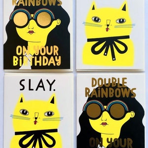 Slay Greeting Card Cat, Feline, Neon, Cat Illustration, Neon Cat, Yellow, Slay, Encouragement, Birthday, Friendship, Kitty, Cheeky, Cool image 3