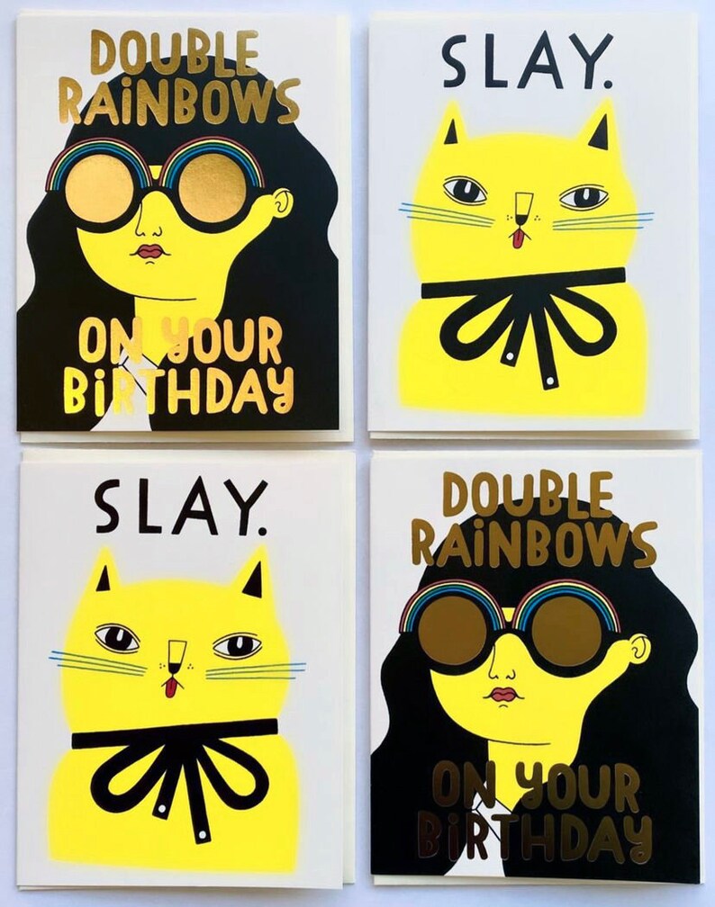 Slay Greeting Card Cat, Feline, Neon, Cat Illustration, Neon Cat, Yellow, Slay, Encouragement, Birthday, Friendship, Kitty, Cheeky, Cool image 3