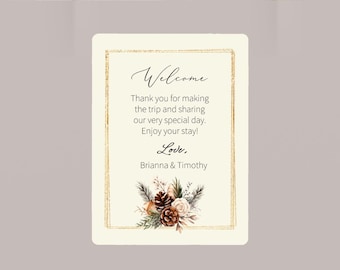 Welcome Bag Stickers for Winter Wedding, Holiday Greenery, Pinecone Labels
