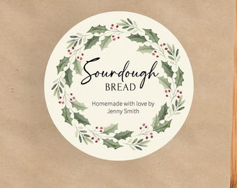3.5" Holiday Sourdough Bread Label with Holly Wreath