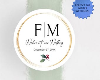 Round Monogram Wedding Stickers, Winter Holly Wedding Guest Gift Bags Stickers