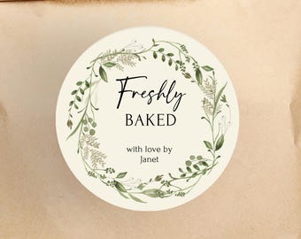 3.5" Sticker for Freshly Baked with Green Wreath, Homemade Baked Goods Stickers