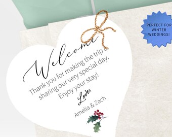 Heart Shaped Welcome Bag Tags with Holly for Winter Wedding
